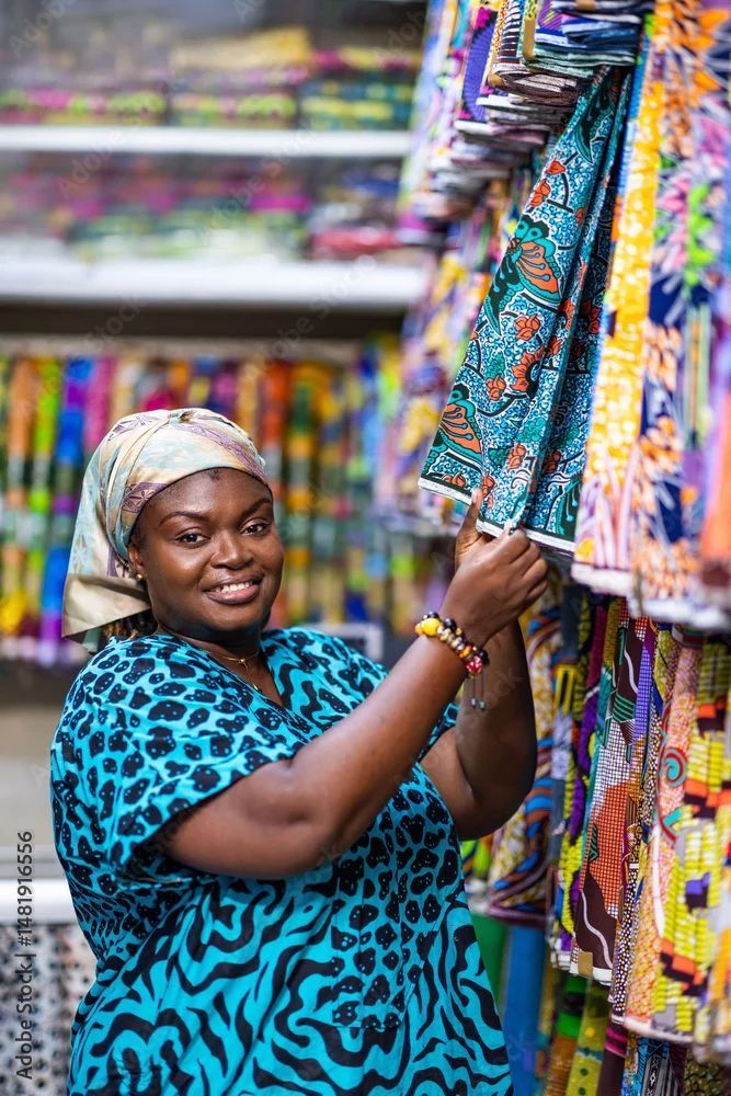 A smiling fabric shop owner displaying colourful textile prints